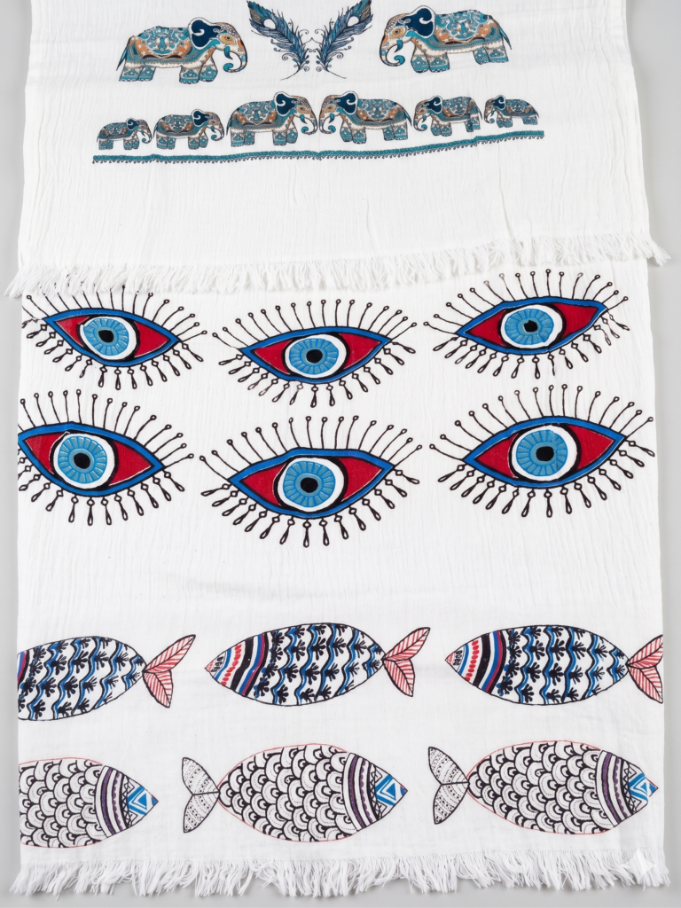 Patterned Muslin Beach & Pool Towel — Elephant, Fish & Eye Designs