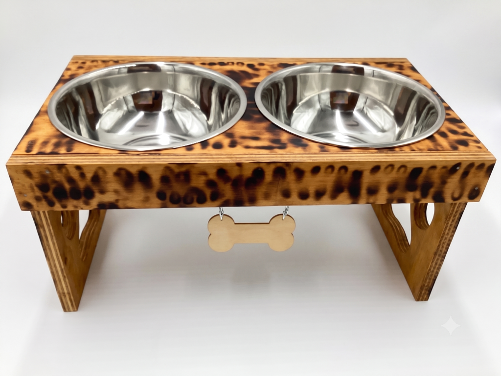Large Elevated Pet Feeder Station — Light Brown with Black Patterns