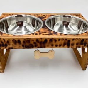 Large Elevated Pet Feeder Station — Light Brown with Black Patterns