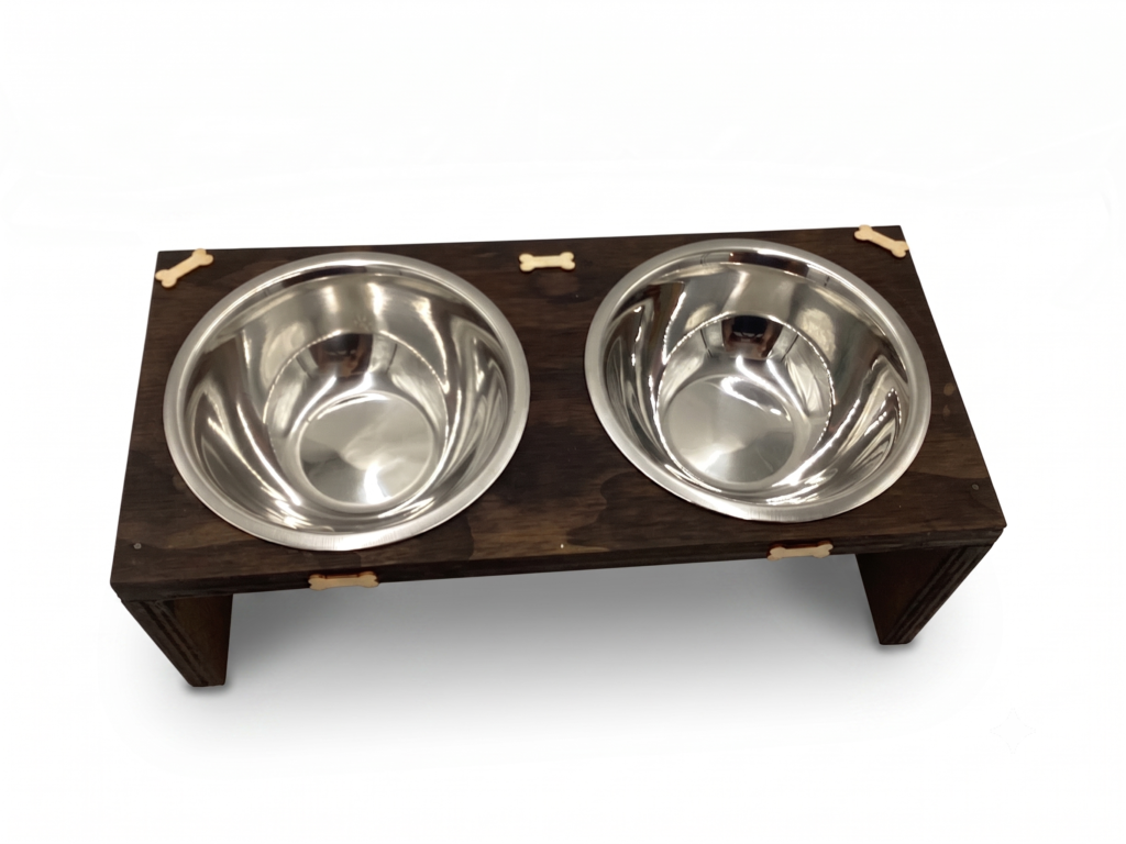Small Elevated Pet Feeder Station — Dual 7" Bowls, Dark Brown